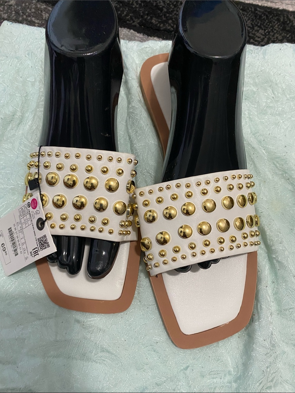 Zara White Slide Sandals with Gold Studs